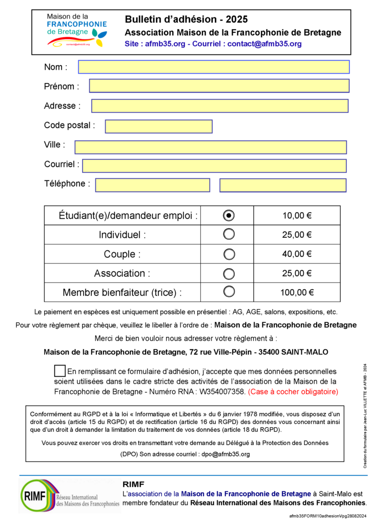 Photo du bulletin adhésion association Maison de la Francophonie de Bretagne